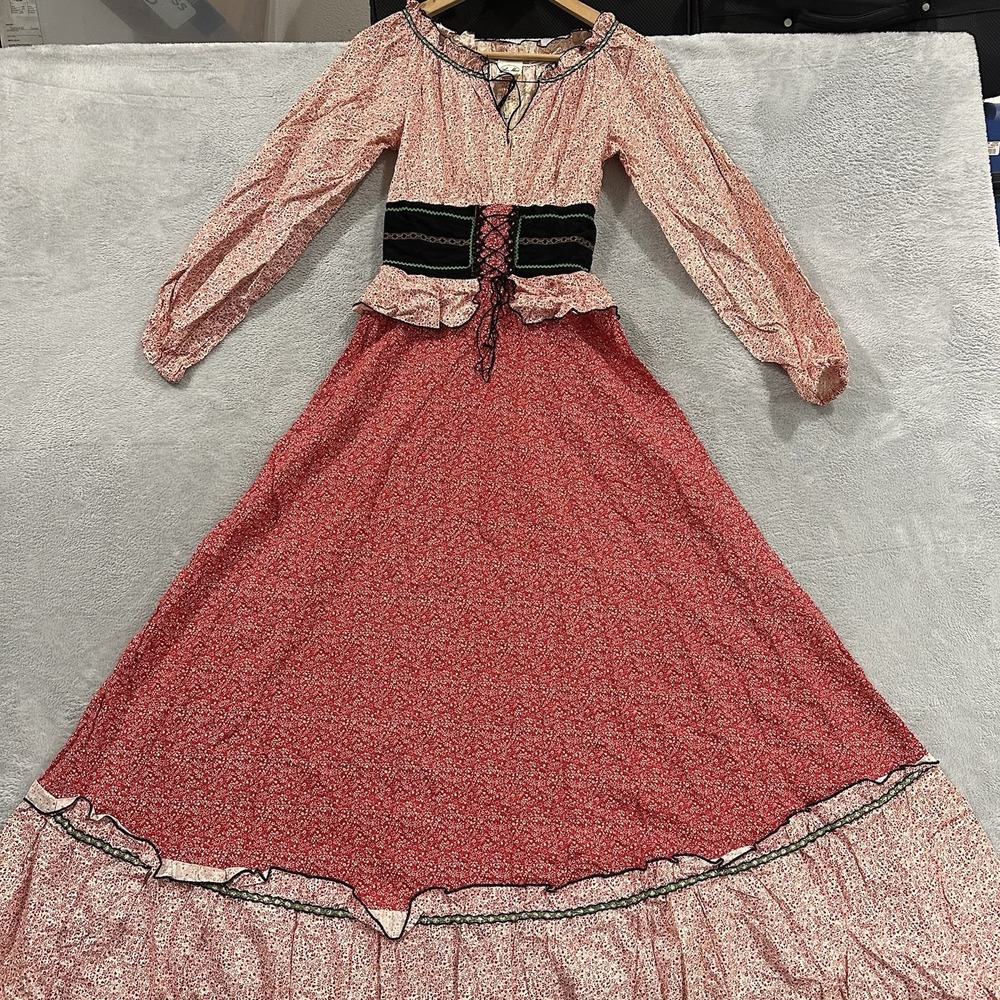 VTG Ann Marie Maxi Dress 5/6 Red Floral Cottagecore Renaissance Milkmaid Prairie